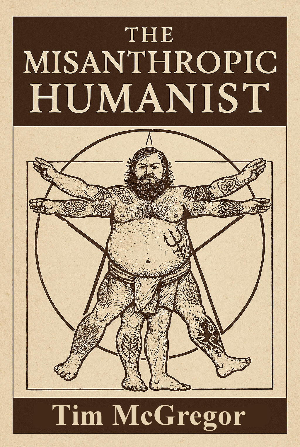 The Misanthropic Humanist A draft book cover for The Misanthropic Humanist, like Da Vinci's Vitruvian Man, but the guy is beardy, overweight and tattooed.